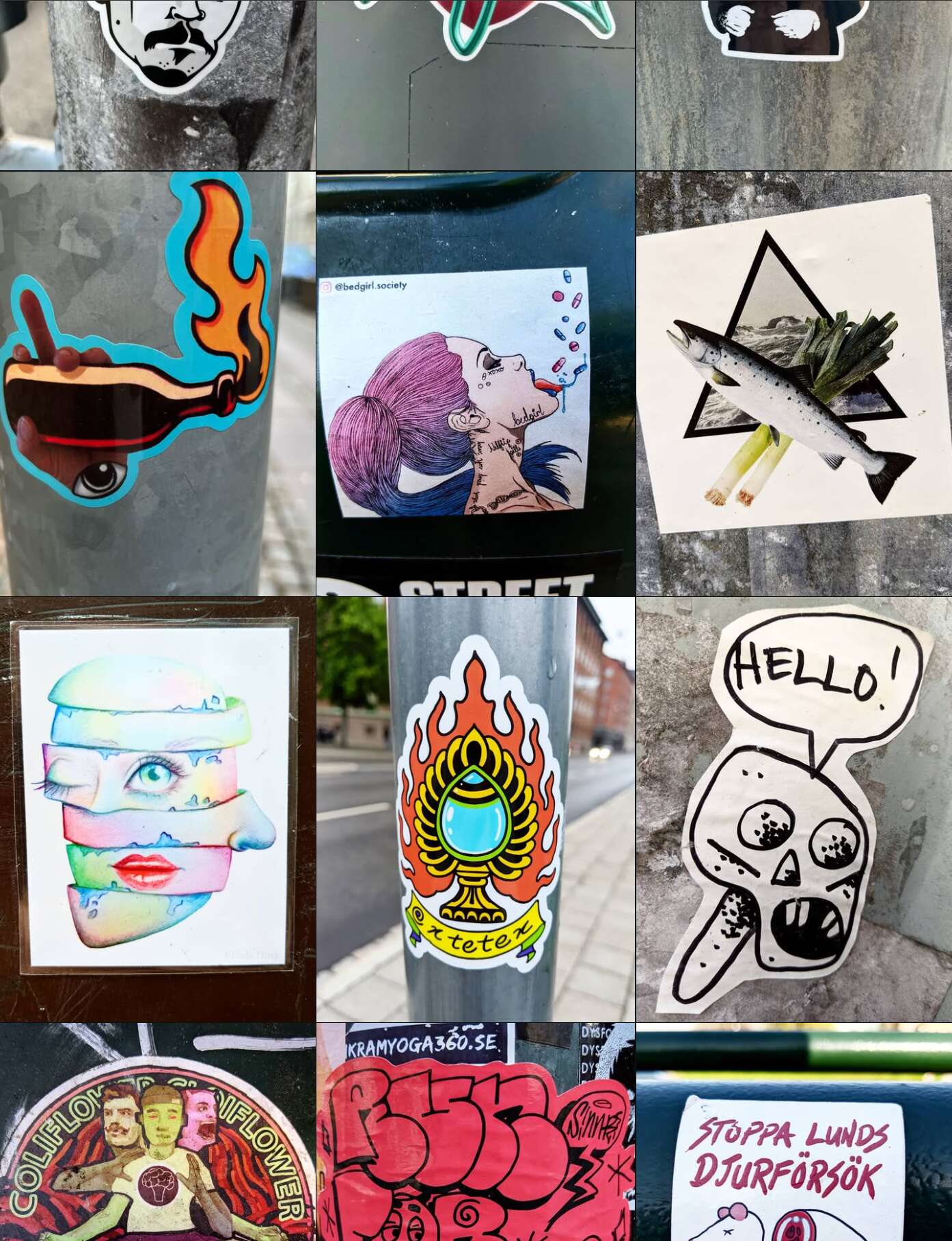 A grid of colourful street stickers from my collection